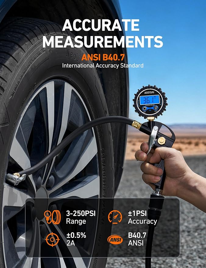 Digital Tire Pressure Gauge with Inflator, 3-250PSI Air Compressor Accessories with Heavy Duty Air Chuck Quick Connect Coupler, Fits 1/4" NPT – for Car Truck SUV RV, 1 Pack Compact
