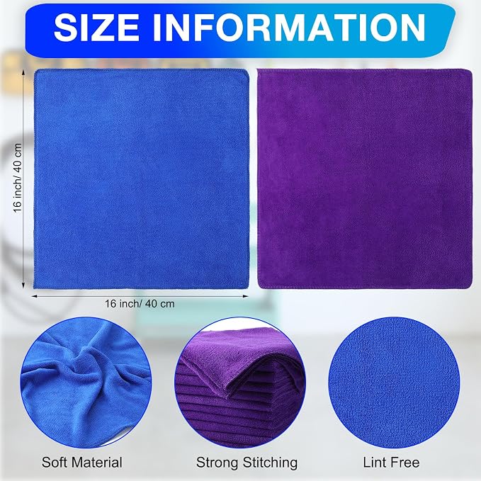 60 Pcs Microfiber Cleaning Cloths for Cars 16 x 16 Inch Ultra Absorbent Car Towels Drying Reusable Cleaning Supplies House Kitchen Window Microfiber Towel (Purple,Blue)