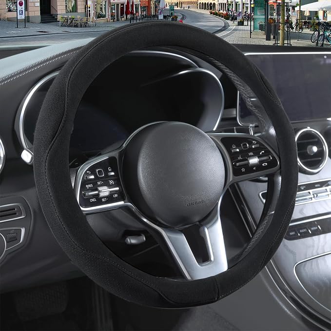 14 inch Black Suede Steering Wheel Cover, Breathable Non-Slip Sweat-Proof Wear-Resistant No Pilling, Warm in Winter and Cool in Summer