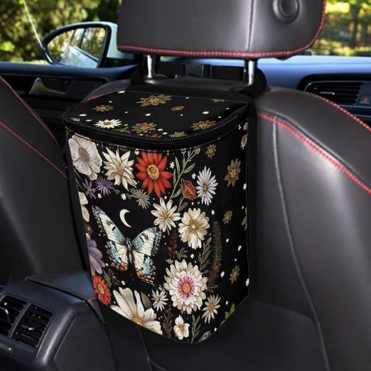 Butterfly Daisy Moon Print Car Trash Can with Lid, Leak Proof Auto Trash Bag Hanging Vehicle Garbage Can Multipurpose Storage Container for Back Seat Road Trip