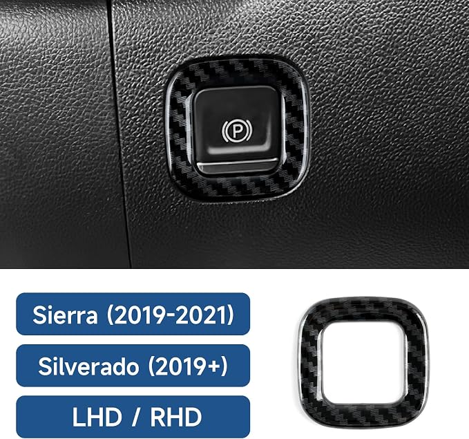 ABS Carbon Fiber Electronic Parking Brake Button Ring Trim for 2019-2025 Chevy Silverado | for 2019-2021 GMC Sierra 1500 2500 3500 HD Decal Accessories