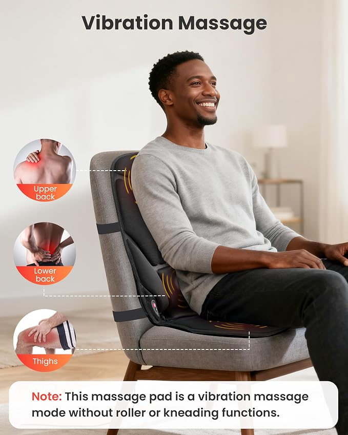 Vibration Back Massager with Heat, Heated Massage Chair Pad, Massage Seat Cushion, Chair Massager pad, seat Warmer 5 Vibrating Modes & 2 Heat Levels, Ideal Gifts for Men Women