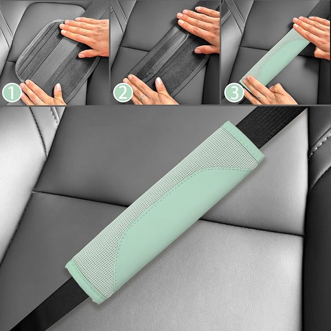 6 PCS Nappa Microfiber Leather Green Steering Wheel Cover Set, Breathable Fabric Steering Wheel Cover 14.5-15inch Universal, Car Center Console Cover, Seat Belt Cushion, Cup Holder Coaster