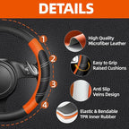 6 Pcs Orange Car Accessories Set, Sport Leather Steering Wheel Cover 14.5-15inch Universal, Microfiber Leather Car Center Console Cover, Seat Belt Cushion, Cup Holder Coaster (Black-Orange)