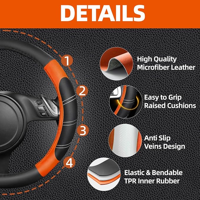 10 Pcs Car Floor Mats Full Set & Sport Leather Steering Wheel Cover 14.5-15 inch, Center Console Cover, Seat Belt Cushion, Cup Holder Coaster, Universal Automobile Interior Sets (Orange)