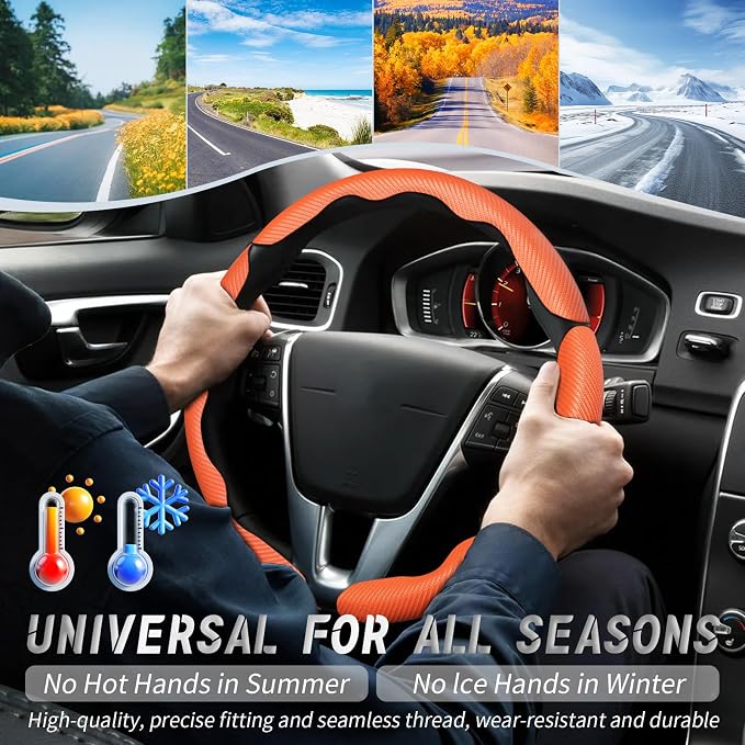 3pcs Car Steering Wheel Cover,Anti-Skid Carbon Fiber Steering Wheel Protector for Men Women,Multiple Color Options,Universal for Most Car Interiors Accessories (Orange 3PCS)
