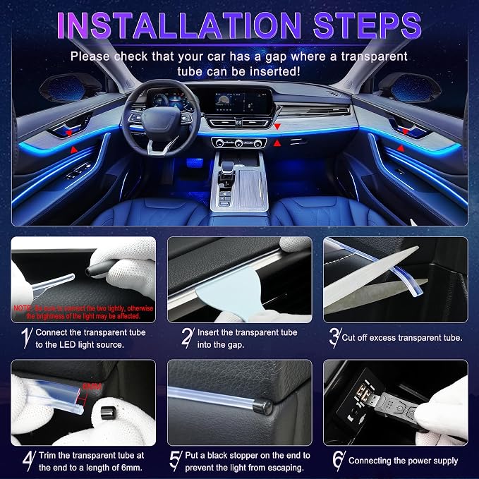 Smart Car LED Interior Lights with USB Port, LED Strip Fiber Optic Lights, Wireless App Control, Sync to Music, Car Accessories Gifts for Women and Men