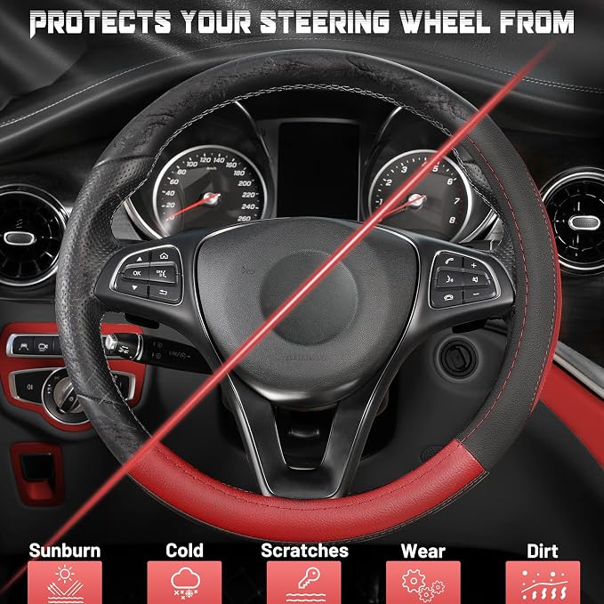 Car Steering Wheel Cover Universal Standard Size 14.5-15 inch, Black and Red Microfiber Leather