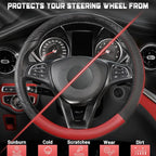 Car Steering Wheel Cover for Prius Civic Model 3 Model Y Camaro, Small Size 14-14.25 inch, Black and Red Microfiber Leather