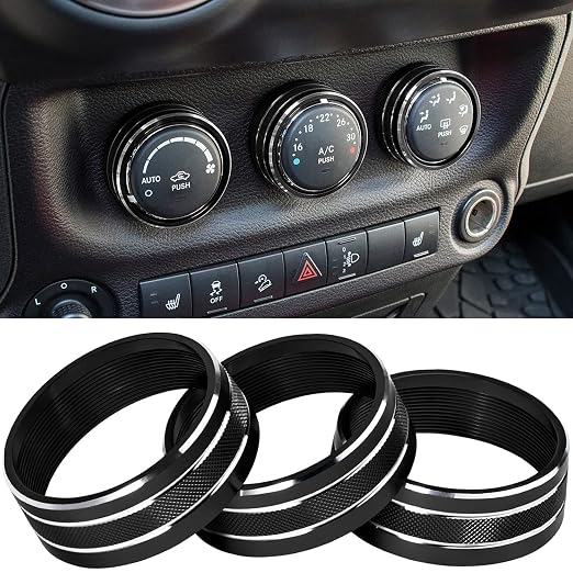 Audio Air Conditioning Button Cover Decoration Twist Switch Ring Trim for Jeep Wrangler JK JKU Patriot 2011-2018, Compass 11-16, Liberty 08-12, Dodge Challenger 08-14 Interior Accessories Black 3PCS