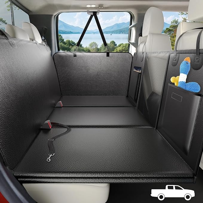 Back Seat Extender for Dogs Truck-Large Space, Hard Bottom PU Leather Dog Pet Seat Cover Back Seat, Anti-Scratch Dog Hammock for Crew Cab Trucks F150, RAM1500, Sierra, Tundra, Silverado