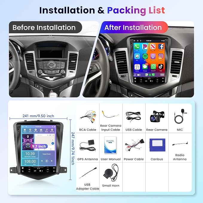 4Core 4G+64G Android 15 Car Radio for Chevy Cruze J300 2009-2014, 5G-WiFi, Car Stereo Wireless Carplay, 9.7'' HD Touchscreen Mirror Link GPS navigation Bluetooth FM/RDS EQ-32 SWC Backup Camera