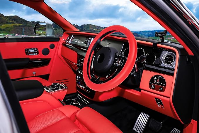 Red Leather Steering Wheel Cover, Comfortable and Soft Solid Color Universal Steering Wheel Cover 15 inch, Suitable for Most Cars (Red) Valentine's Day