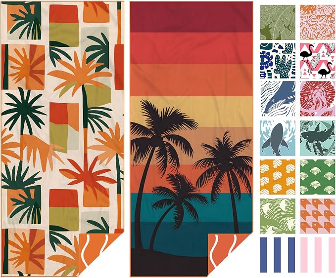 2 Pack Microfiber Beach Towel, Quick Dry Travel Towel Large Sand Free Towel for Beach, Camping, Swim Pool, Gym, Sports& Yoga 71"x32", Retro Tropics/Tropical Sunset