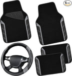 Leather Steering Wheel Cover and Waterproof Car Floor Mats,Microfiber Universal Car Combo Fit for 95% Sedan,SUV,Cars,14.5-15inch Sporty Anti-Slip Safety Comfortable Design(Black＆Gray)