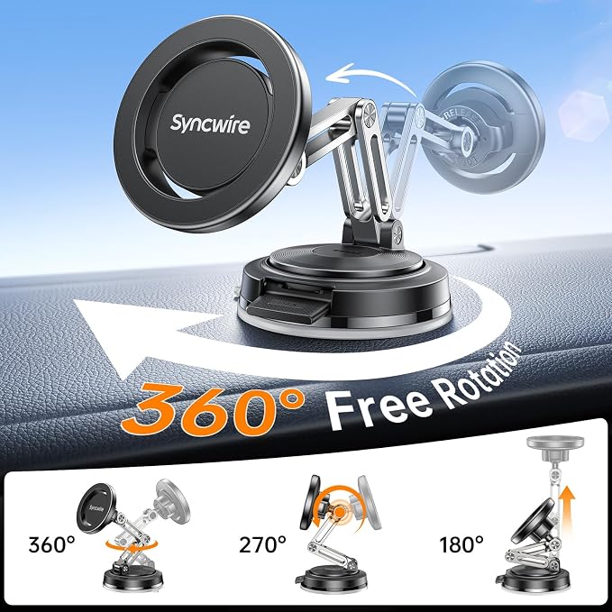 for MagSafe Car Mount [3-Axis Adjustable], Vacuum Magnetic Phone Holder with Replaceable Suction Cup Dashboard/Windshield, 360° Rotation & Foldable, for iPhone 17-12 Pro Max Plus
