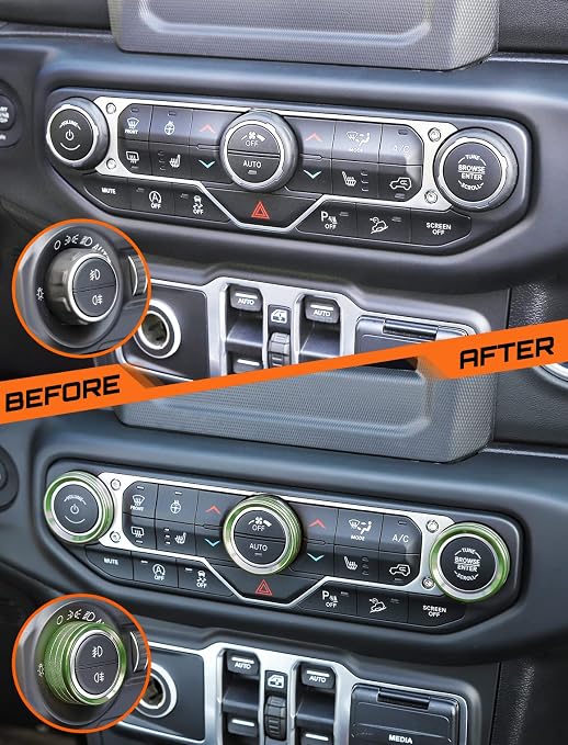 Climate Control Panel Knob Trim Kit & Light Control Switch Cover, Air Conditioner Knob Aluminum Alloy Ring for 2018-2024 Jeep Wrangler JL JLU & Gladiator JT, Interior Accessories, Green