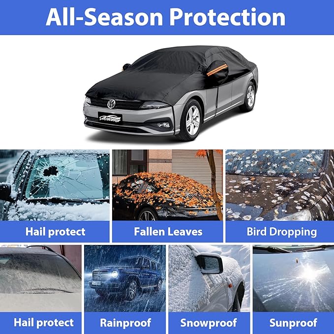 Car Cover Top Only for Sedan/Coupe, Partial Snow Cover with Cotton Liner, Windshield Cover Waterproof All Weather for Snow, Sun,Rain,Dust,Fit Sedan M