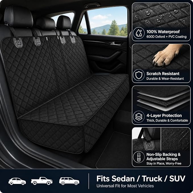 SNZ Dog Car Seat Cover for Back Seat, 100% Waterproof Pet Seat Protector, Bench Backseat Covers for Dogs (53” Width), Scratch Proof Nonslip for Most Cars, Trucks, and SUVs