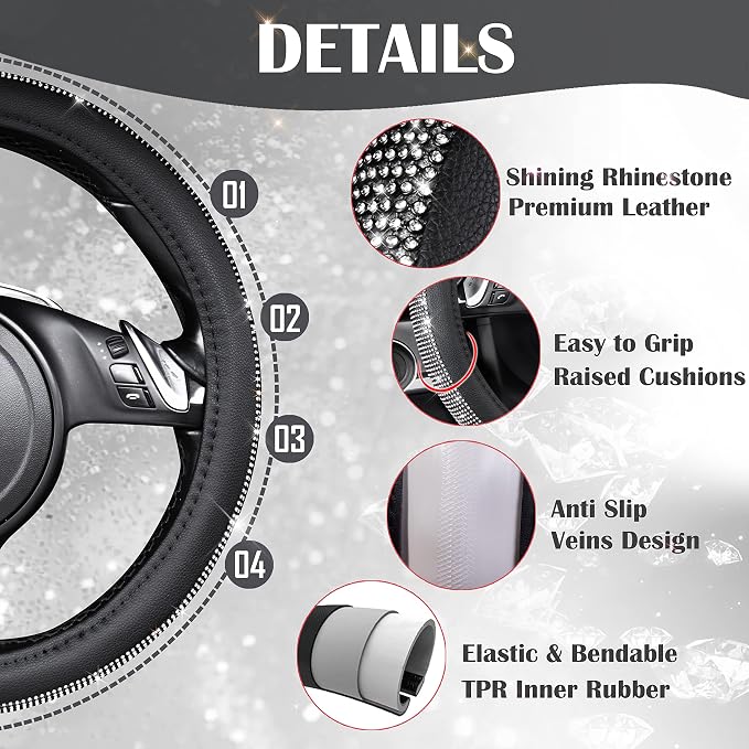 Diamond Black Leather Steering Wheel Cover, with Bling Crystal Rhinestones Universal Fit 14" 1/2-15" Crystal Glitter for Women Sparkle Girl Fit Suvs,Vans,Sedans,Cars,Trucks, White Diamond