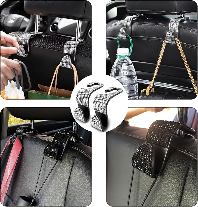 2PCS Car Seat Hooks, Bling Rhinestone Headrest Hooks, Universal Bling Car Interior Accessories, for Handbag, Clothes, Purse, Water Bottle (White)