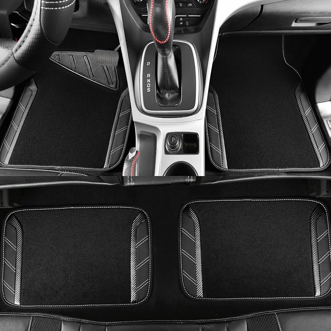 Leather Steering Wheel Cover and Waterproof Car Floor Mats,Microfiber Universal Car Combo Fit for 95% Sedan,SUV,Cars,14.5-15inch Sporty Anti-Slip Safety Comfortable Design(Carbon Fiber Black)