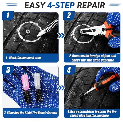 105PCS Tire Screw Plug Repair kit, Screw in Rubber Plugs No Tire Removal Flat Tire Fix Tool Set for Car Truck Motorcycle SUV ATV, Heavy Duty Emergency Tire Puncture Repair Kit with Pliers and Tools
