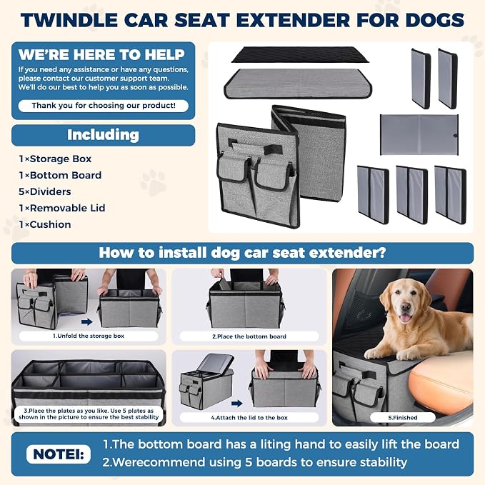 Back Front Seat Extender for Large Dogs Up to 200 Lbs, Adjustable Dog Back Seat Extender with Cushion & Storage Box, Car Organizer Gap Filler for Front or Back Seat,Gray