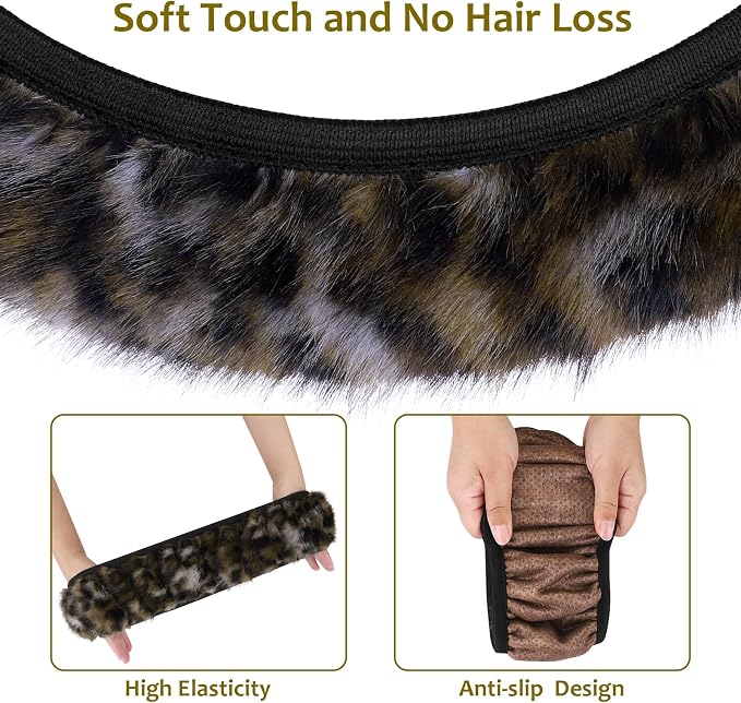 Fuzzy Steering Wheel Cover, Leopard Fluffy Car Wheel Cover for Women Men, Soft Furry Vehicle Steering Wheel Protector Warm Non-Slip Car Accessories 15 inch Universal Fit Auto, Suvs, Truck