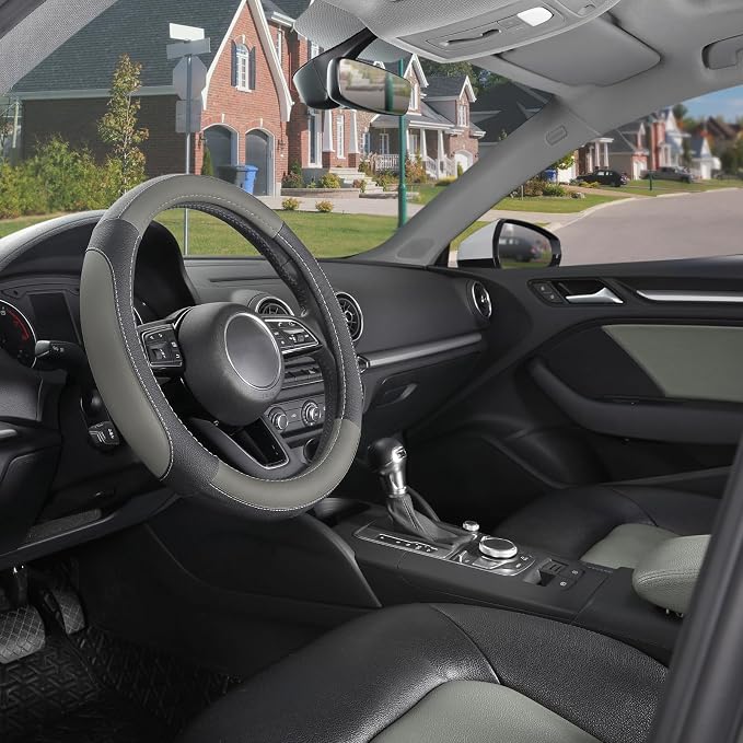 Car Steering Wheel Cover for Prius Civic Model 3 Model Y Camaro, Small Size 14-14.25 inch, Black and Gray Microfiber Leather