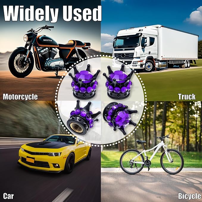 4PCS Crown Bling Tire Stem Valve Caps, Crystal Diamond Car Wheel Tire Valve Caps Universal Copper Core Stem Covers for Cars, SUV, Trucks, Bikes, Motorcycles, Bicycles (Black & Purple)