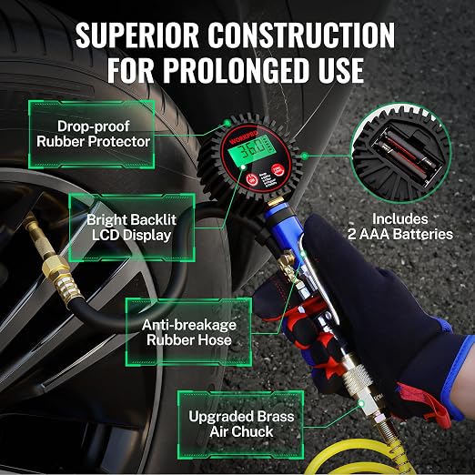 12PCS Digital Tire Pressure Gauge with Inflator, 250 PSI, Heavy Duty Air Compressor Attachments with Storage Bag, Tire Gauge with Brass Air Chuck and Rubber Hose for Vehicles and Inflatables