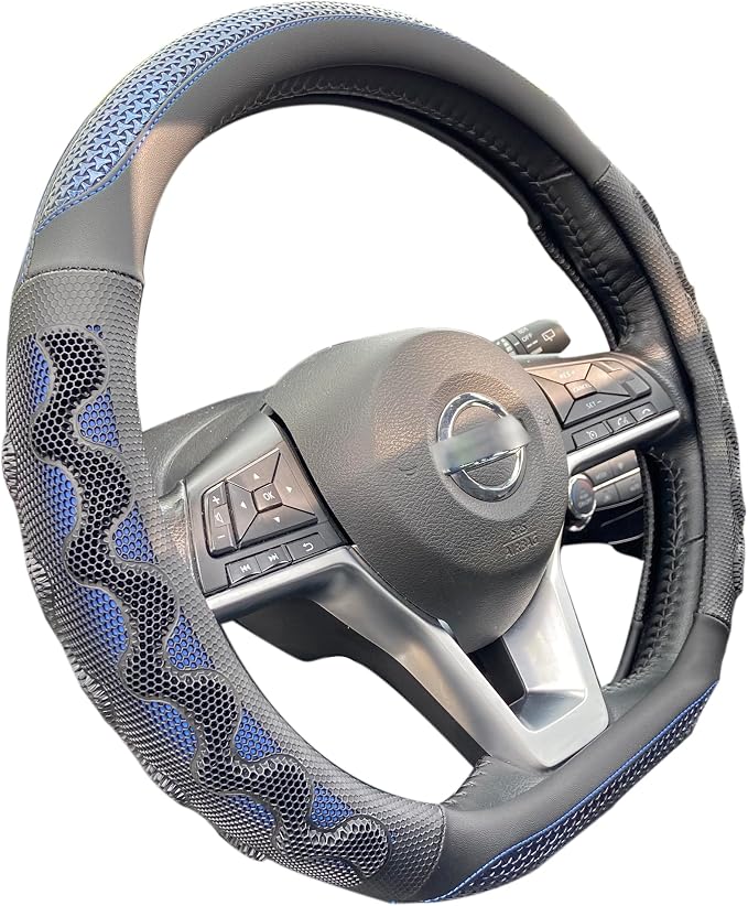 D Shaped 14 Inch Small Sized Steering Wheel Cover Great Grip with 3D Honeycomb Anti-Slip Design, Flat Bottom 14 Inch (Blue)