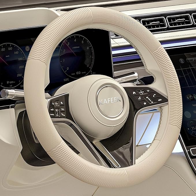 Car Steering Wheel Cover for Women, Soft Silicone Wavy Stripe Texture Auto Interior Accessories, Universal Fit 14 15 16 Inch Round & D-Shape Wheels, Cream Beige