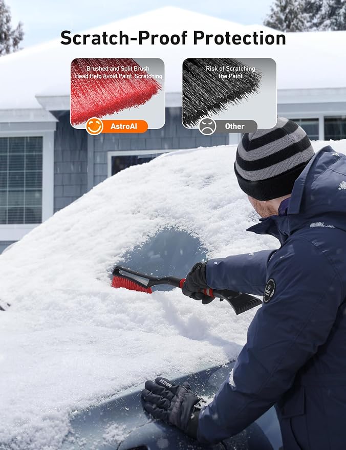 27" Snow Brush and Ice Scrapers for Car Windshield, Detachable Snow Scrapers with Ergonomic Foam Grip for Cars, Trucks, SUVs (Heavy Duty ABS, PVC Brush, Red)