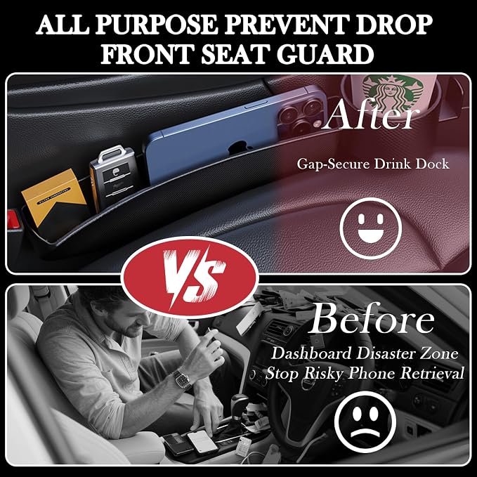Car Seat Gap Filler Set of 2, Upgraded Car Side Seat Gap Fillers with Organizer, Cup Holder & Hook Function, Inserts Between Front Seats Console Catcher 4in1 Gap Stopper Fill Plug Storage Box (Black)
