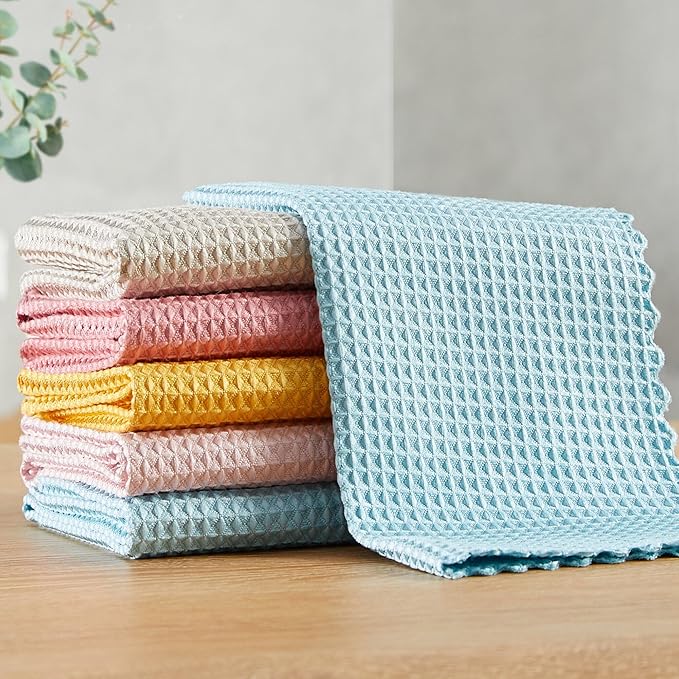 Microfiber Cleaning Cloth, Reusable Absorbent Microfiber Cleaning Cloths, Kitchen Dish Cloth Waffle Weave 5 Pack, Mixed Color, 9.8×9.8inch