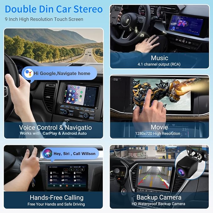 9 Inch Double Din Car Stereo, Android 13 Touchscreen Radio with Wireless Apple CarPlay & Android Auto, 2GB+64GB, GPS, Bluetooth, WiFi, FM/AM/RDS, Mirror Link, 720P AHD Backup Camera