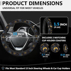Gold Celestial Sun Moon Star Steering Wheel Cover for Women, Anti-Slip Car Steering Wheel Cover with 2 Pcs Cup Holders Neoprene Breathable Car Accessories Universal 15 Inch Auto Interior Decor