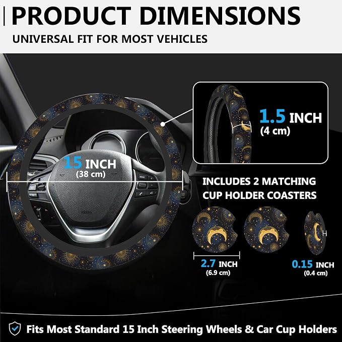 Gold Celestial Sun Moon Star Steering Wheel Cover for Women, Anti-Slip Car Steering Wheel Cover with 2 Pcs Cup Holders Neoprene Breathable Car Accessories Universal 15 Inch Auto Interior Decor