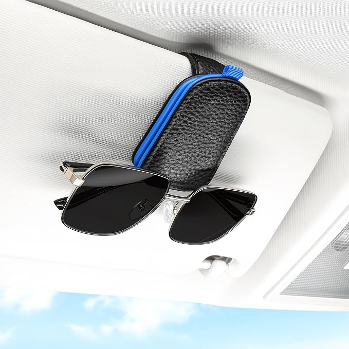 Sunglasses Holder for Car, Leather Magnetic Buckle Sun Visor Sunglass Clip, Ticket Card Storage Glasses Clip, Car Interior Accessories for Men and Women（Black-Blue）