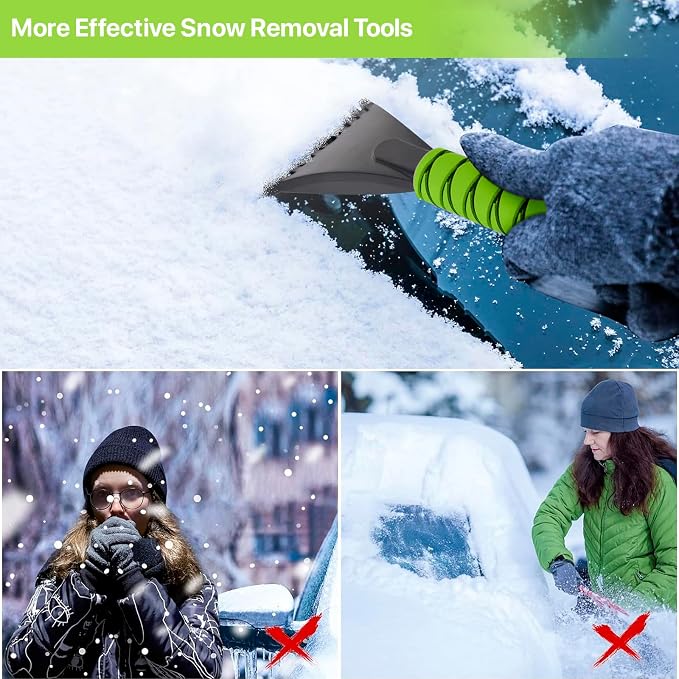 2 Pack 27" Snow Brush and Ice Scraper for Car Windshield - Green | Soft Non-Scratch Bristles, Non-Slip Foam Grip, Detachable Design, Car Snow Removal Tool for Windshields & Windows