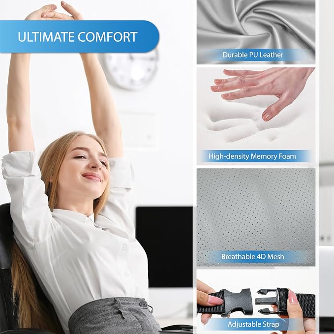 Lumbar Support Pillow for Car, Car Seat Back Support for Driving | Memory Foam Car Lumbar Support for Driving Seat, Car Back Cushion, Adjustable Straps, Lower Back Pillow, PU Leather, Gray