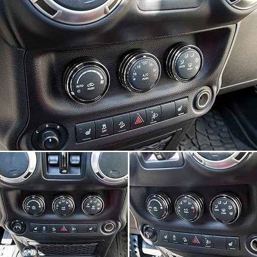 Audio Air Conditioning Button Cover Decoration Twist Switch Ring Trim for Jeep Wrangler JK JKU Patriot 2011-2018, Compass 11-16, Liberty 08-12, Dodge Challenger 08-14 Interior Accessories Black 3PCS