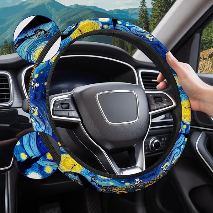 Blue Starry Gothic Steering Wheel Cover, Polyester Non-Slip Car Wheel Grip, Universal 15 Inch Auto Accessory