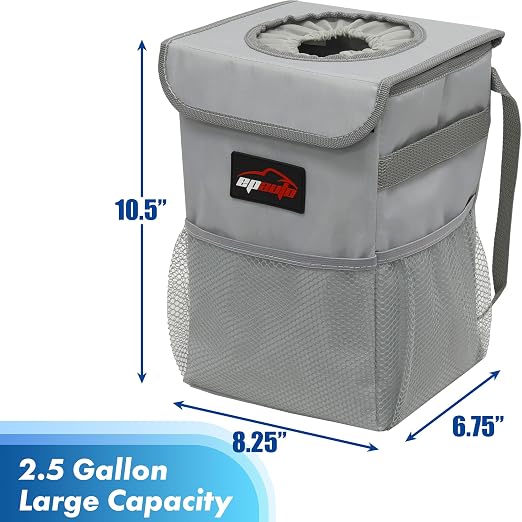 Waterproof Car Trash Can with Lid and Pockets, 2.5 Gal, Gray | Leakproof, Collapsible Multipurpose Car Bin with 3 Side Storage Pockets, Adjustable Straps