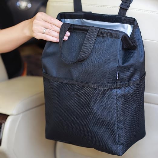 New Leak-Proof Travel Car Trash Bag, 3.5 Gallons Large Capacity Hanging Car Trash Can with Hook and Loop Lid and Handle, Multipurpose Trash Bin with Storage Pockets for SUV RV Camping (Black)