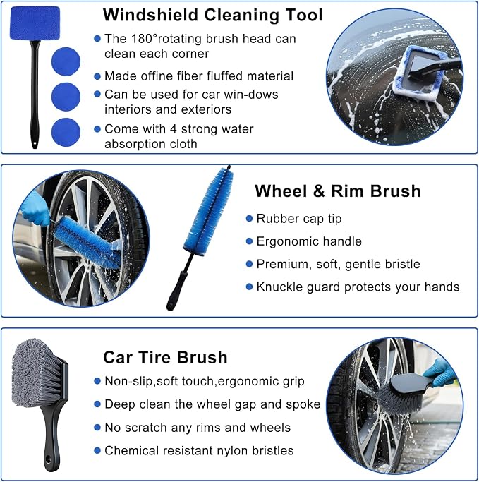 32-Piece Car Detailing Kit with Drill Brush Attachments & Polishing Pads – Professional Auto Detailing Brushes, Wheel & Tire Cleaning Tools with Storage Bag (Blue)