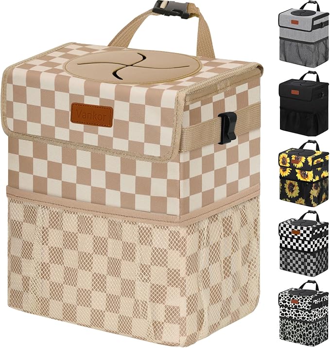 Car Trash Can Bin with Lid Hanging for Back Seat, Car Accessories for Women Men Leak Proof Automotive Garbage Cans Leakproof Vehicle Trash Can for Truck SUV,Khaki Checkered