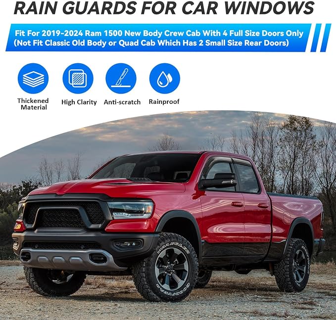 4pcs Smoke Tint Sun Rain Guard Vent Window Visors Compatible with 2019-2024 Ram 1500 New Body Crew Cab with 4 Full Size Doors, Outside Mount Tape On Style Acrylic Set of 4 Front+Rear